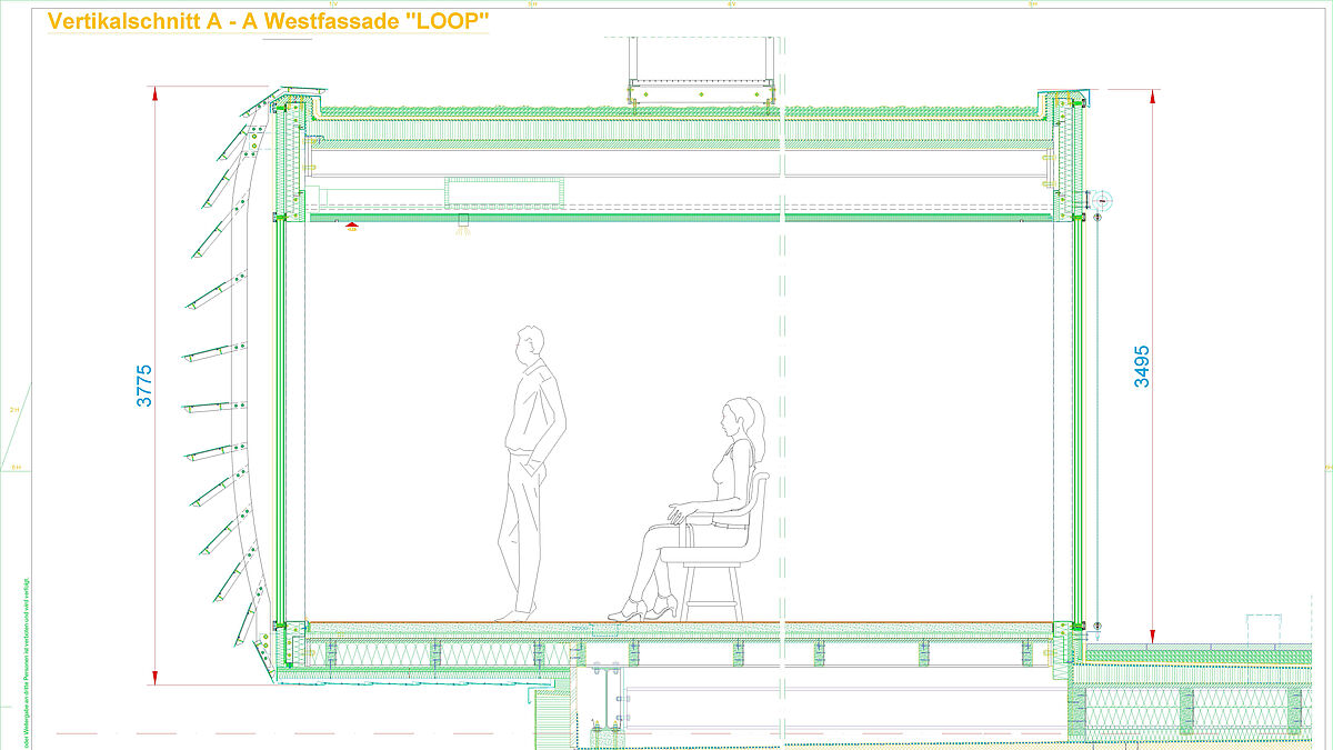 Vertikalschnitt durch den «Loop»: Links die Aussenfassade mit der Brise Soleil-Konstruktion, rechts die Innenfassade. Grafik: Rytz AG