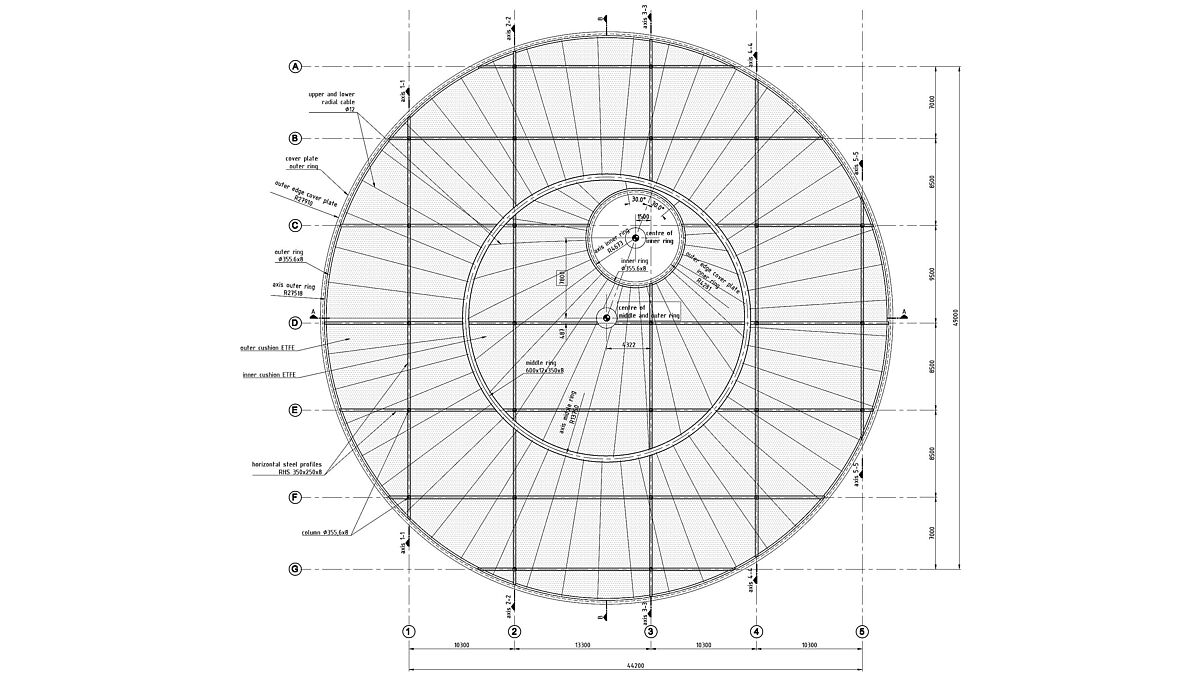 Drei zu Kastenträgern geschweisste Ringe bilden das statische Element für die Spannkräfte der Folien und Seile.