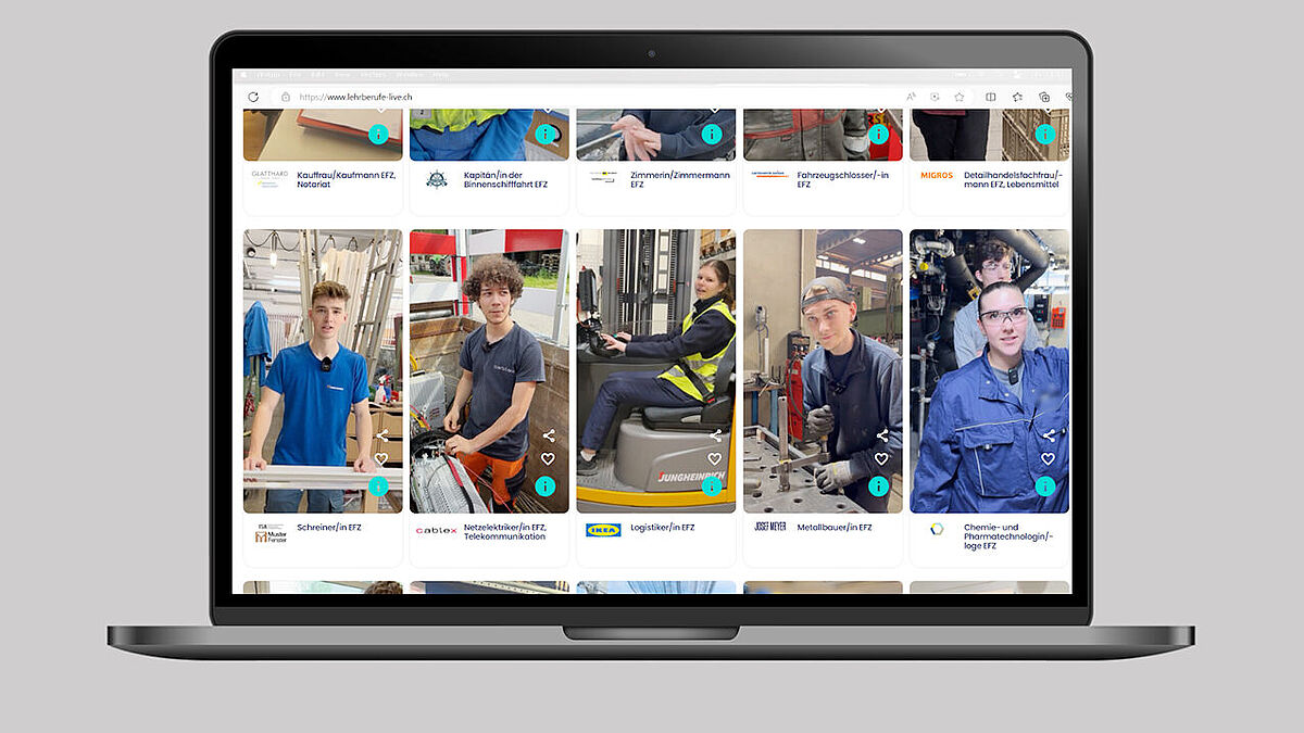 Coup d’oeil sur le site web : des apprentis de différents métiers montrent leur quotidien.  www.lehrberufe-live.ch