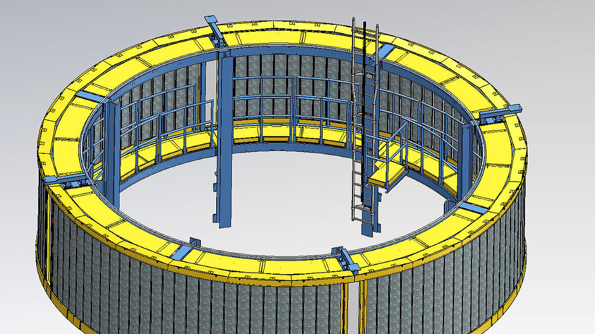 Visualisation 3D : la passerelle intérieure est bien visible autour de la cheminée.