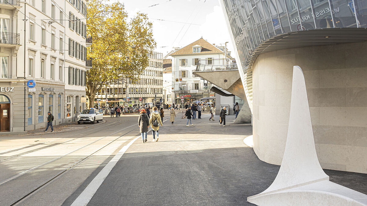 Charakteristisch für die Fassade sind geschuppte Glasbänder und regelmässig angeordnete Pfosten, die das gesamte Gebäude umhüllen.  Im Print weglassen
