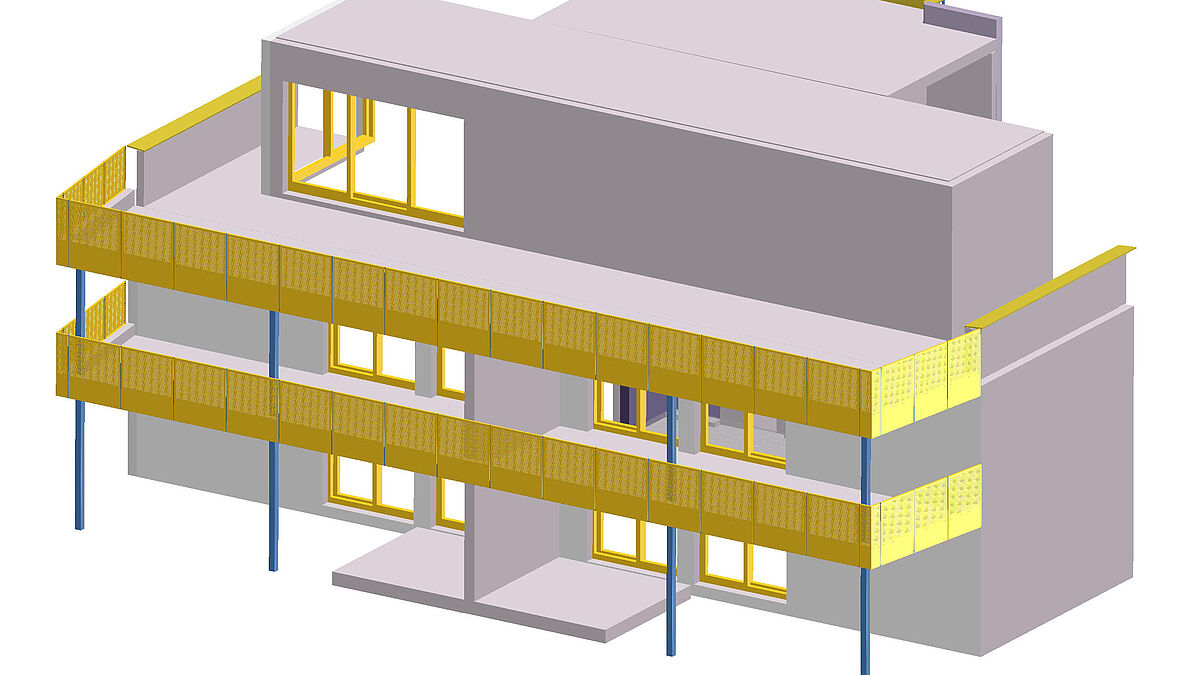 Visualisierung einer Fassade mit Geländerkonstruktionen.