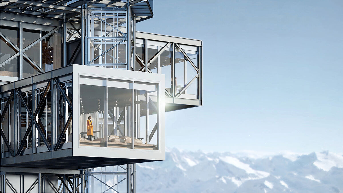 Um den extremen klimatischen Bedingungen in hochalpiner Lage gerecht zu werden, kommen raumhohe Fensterfronten aus Sonderprofilen auf Basis des Schüco Systems AWS 90.SI+ (Super Insulation) zum Einsatz. Visualisierung: bloomimages