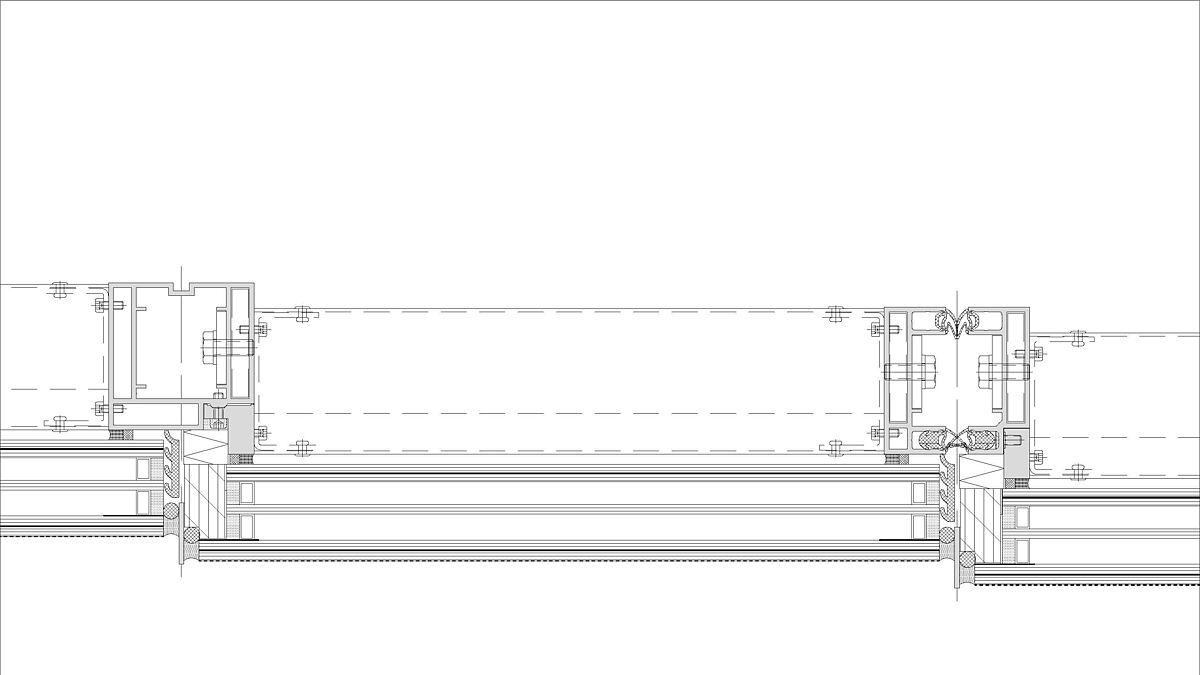 Horizontalschnitt: Gut zu sehen ist die aussenseitig geschuppte Glashaut sowie die Profilfügungen mit Dichtung. Die Vertikalprofile bestehen aus Aluminium. 