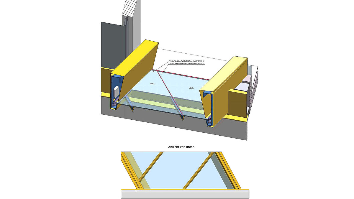 Coupe transversale (en haut) Vue de dessus de la structure de la passerelle. Vue du rez-de-chaussée (en bas).