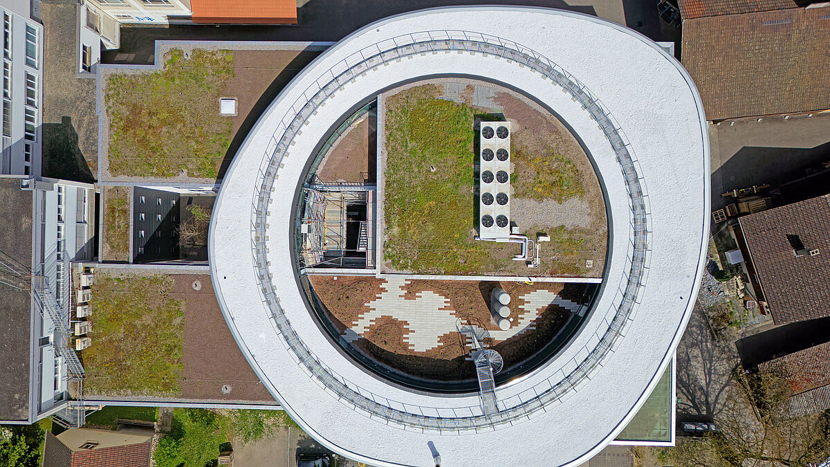 Die Aussenfassade bildet einen unregelmässig deformierten Kreis, der an mehreren Stellen leicht eingedrückt wirkt.  Bild: Bäumlin+John AG