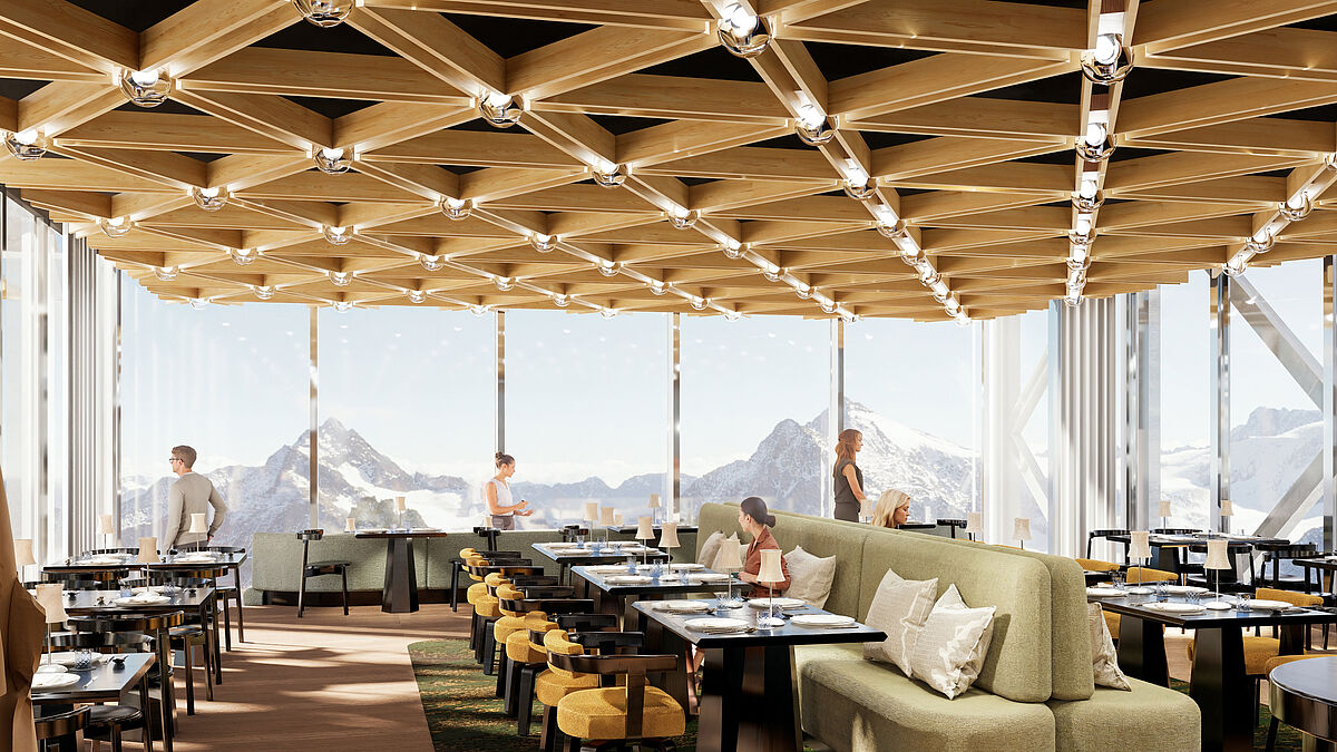 Die balkenartigen Baukörper im umgebauten Richtstrahlturm bieten Raum für ein neues Restaurant mit Bar und rund 120 Plätzen. Visualisierung Herzog & de Meuron.  