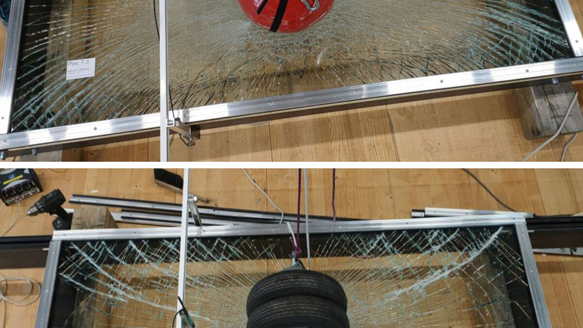 Abbildung 2: Stossversuch mit sphärokonischem Kugelsack (oben) und mit Doppelreifen (unten). 