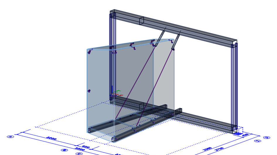 Ein Rahmen und zwei Träger aus Stahl sowie zwei Zugstangen bilden das Tragwerk.