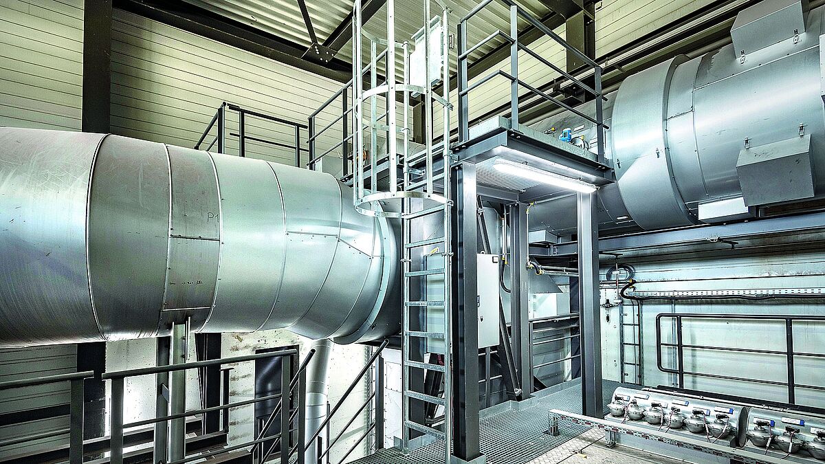 Steigleiter mit Rückenschutz und Ein-/Ausstiegstürchen.