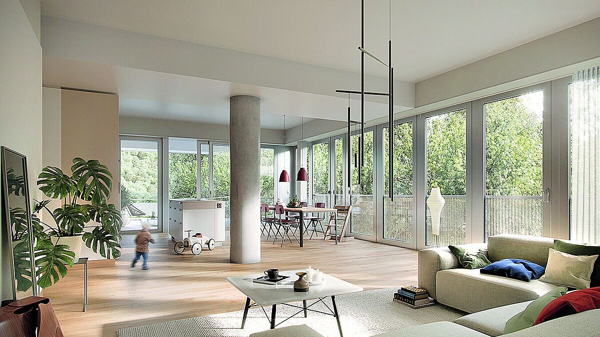 Le système de profilés Schüco AWS 75.SI a été utilisé pour les 760 fenêtres des quatre immeubles d’habitation transformés; le système Schüco ASE 80.HI a été utilisé pour les 130 portes levantes-coulissantes.