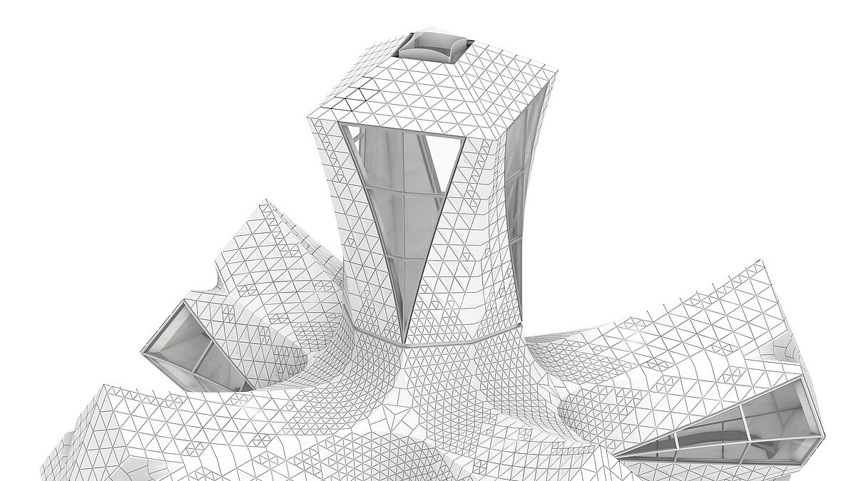 Grafische Darstellung: Wie die Säulen und Kreuze der Sagrada Familia basiert auch das Glaskreuz auf einer Doppeldreh-Geometrie und erforderte daher eine verdrillte Konstruktion.