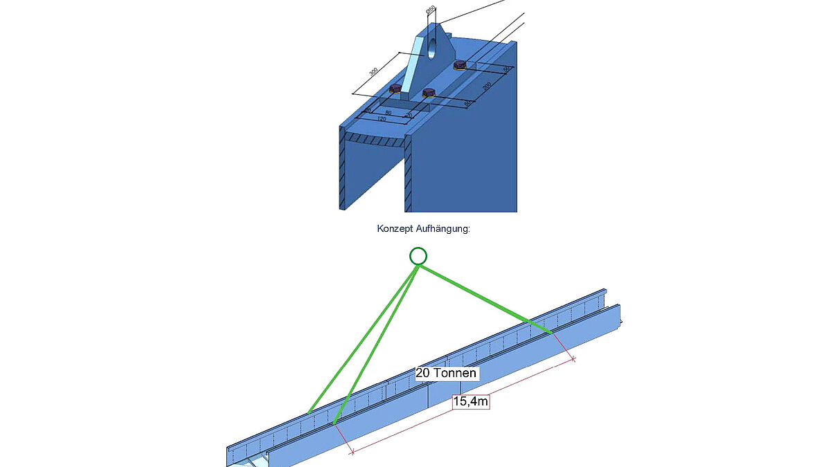 Détail des quatre pattes de suspension vissées pour les manilles des sangles. Les suspensions ont été dimensionnées statiquement et testées après le soudage.