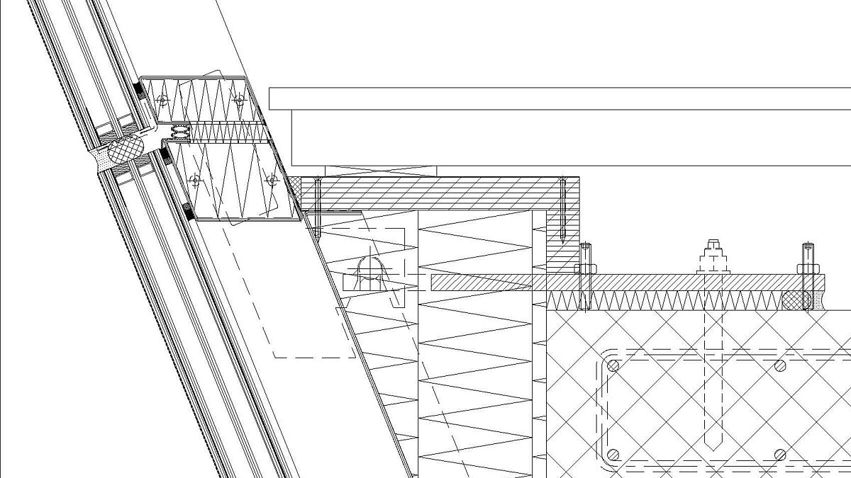 Vertikalschnitt, unten nach innen verlaufend, im Zwischenbodenbereich. Horizontaler Glas- und Profilstoss. Alle Gläser sind SG-Verklebt.