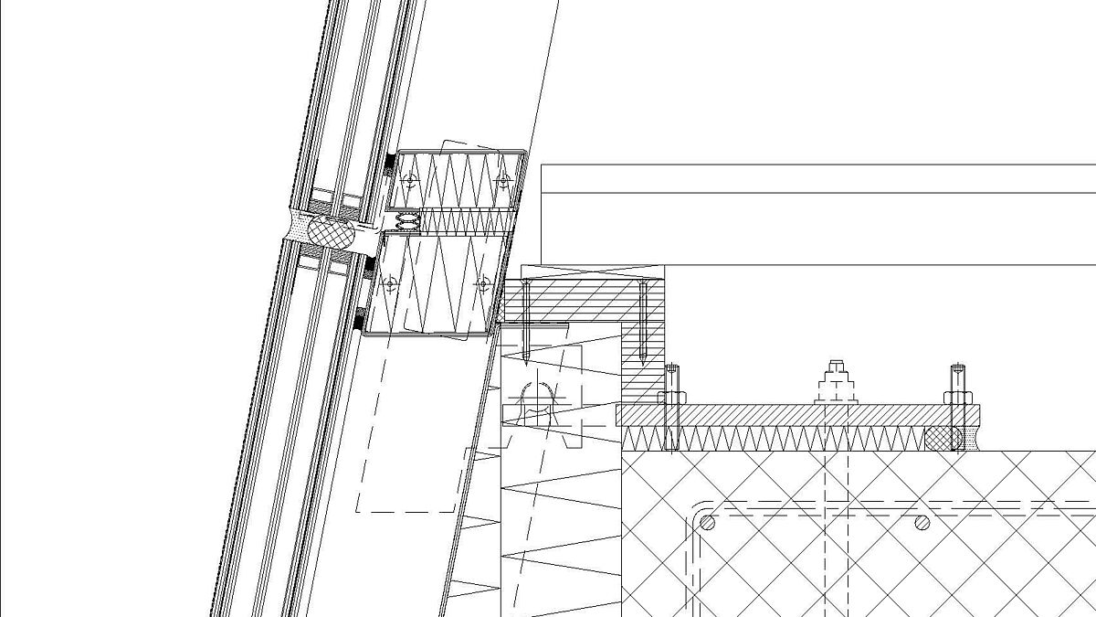 Vertikalschnitt, unten nach aussen verlaufend. Die vertikalen Pfostenprofile sind aus Aluminium, die horizontalen Riegel (im Bild) aus Stahl gefertigt.