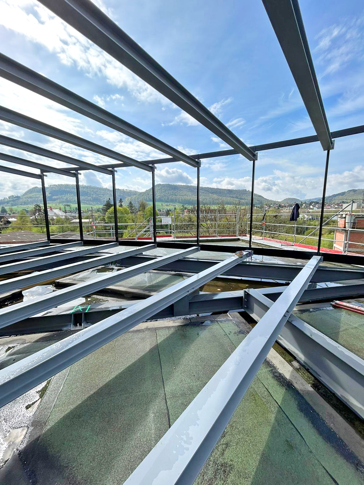 Die filigranen Pfostenprofile tragen die Dachlasten auf die Bodenkonstruktion ab.  Bild: Rytz AG