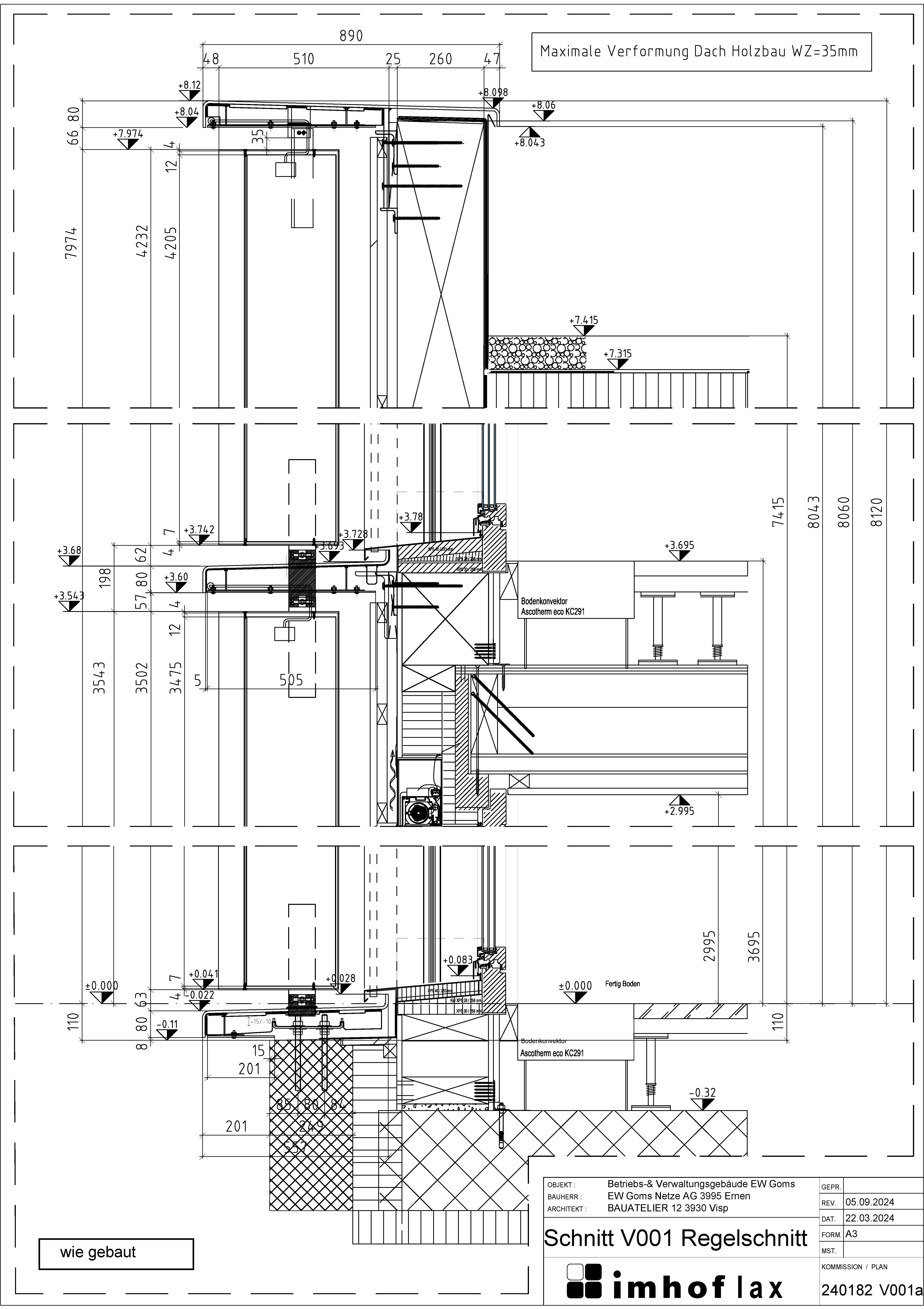 Vertikalschnitt: Gut zu sehen sind die drei Lisenen sowie die darin befestigten Lamellenhalterungen. Lisenenbreiten Dachrand: 890 mm / Mitte und unten: 550 mm.