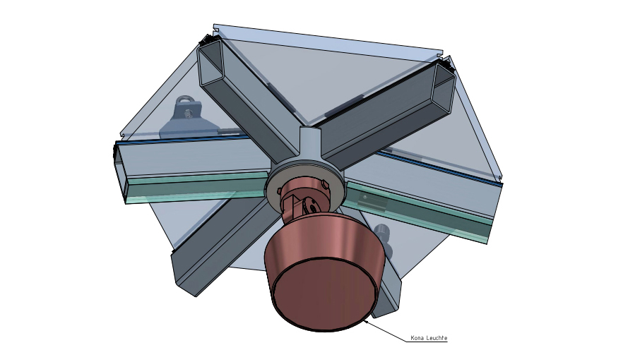 Visualisierung: Die an den Zylinder anschliessenden Stahlprofile sind oben (Glasauflagefläche) so zugeschnitten, dass sie über dem Mittelpunkt des Zylinders in spitzer Form zusammenlaufen und verschweisst werden konnten. Die Auflagegummis für die Gläser konnten so ohne weitere Bearbeitung bis ins Zentrum des Knotens geführt und miteinander verklebt werden.